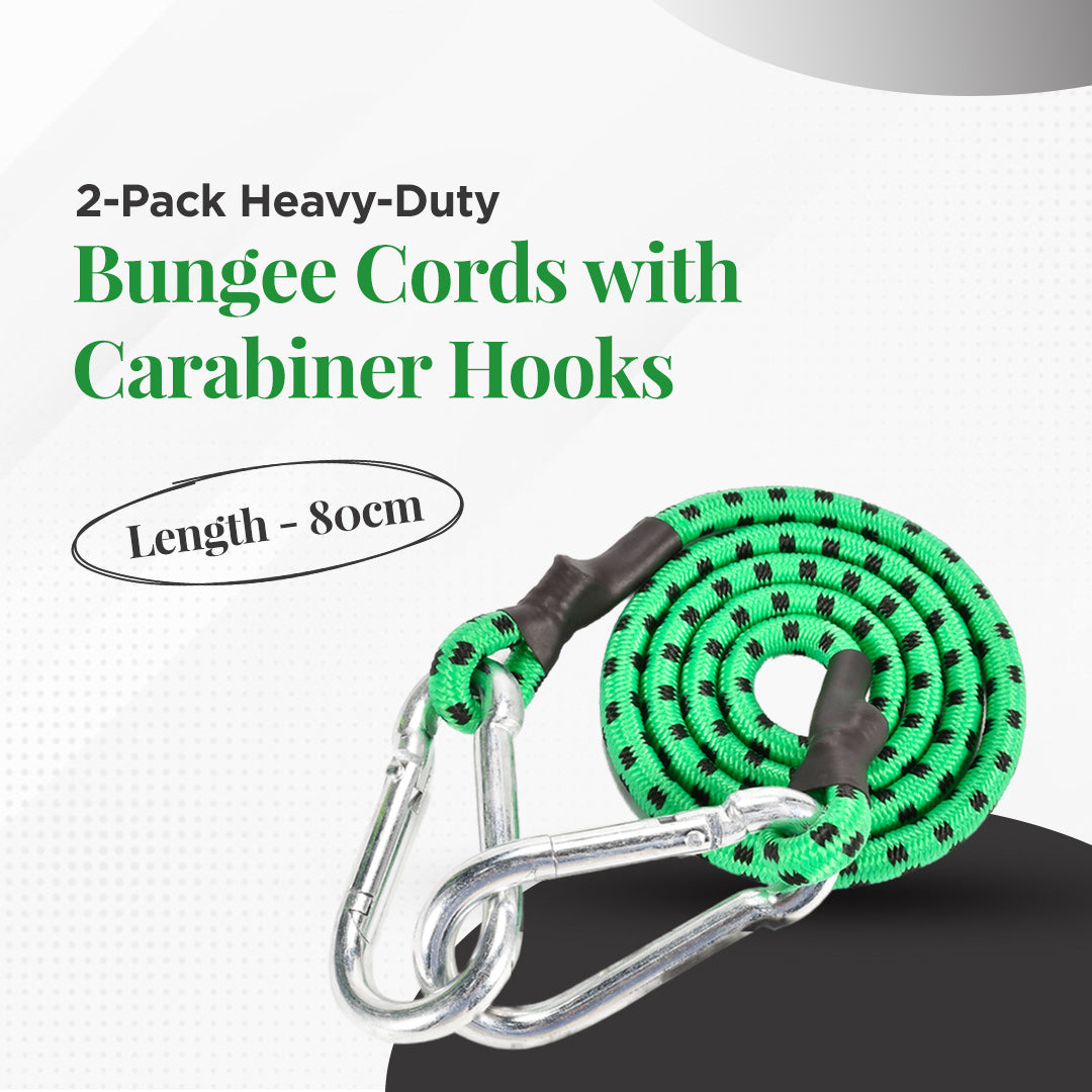 2-Pack Heavy-Duty Bungee Cords with Carabiner Hooks - 80cm (Green)