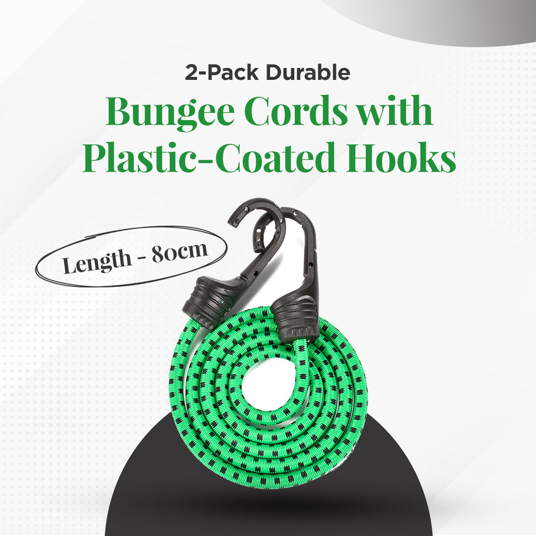 2-Pack Durable Bungee Cords with Plastic-Coated Hooks - 80cm (Green)