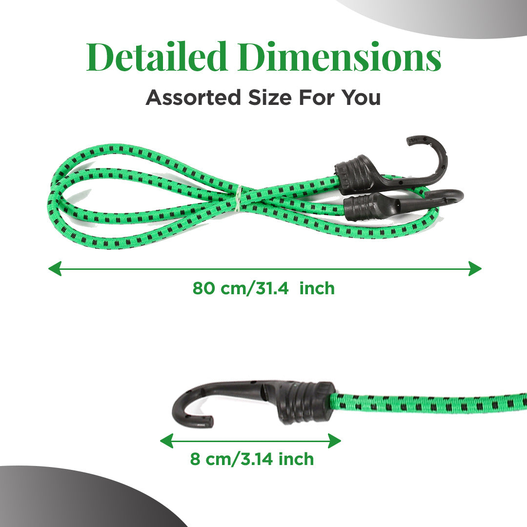 2-Pack Durable Bungee Cords with Plastic-Coated Hooks - 80cm (Green)