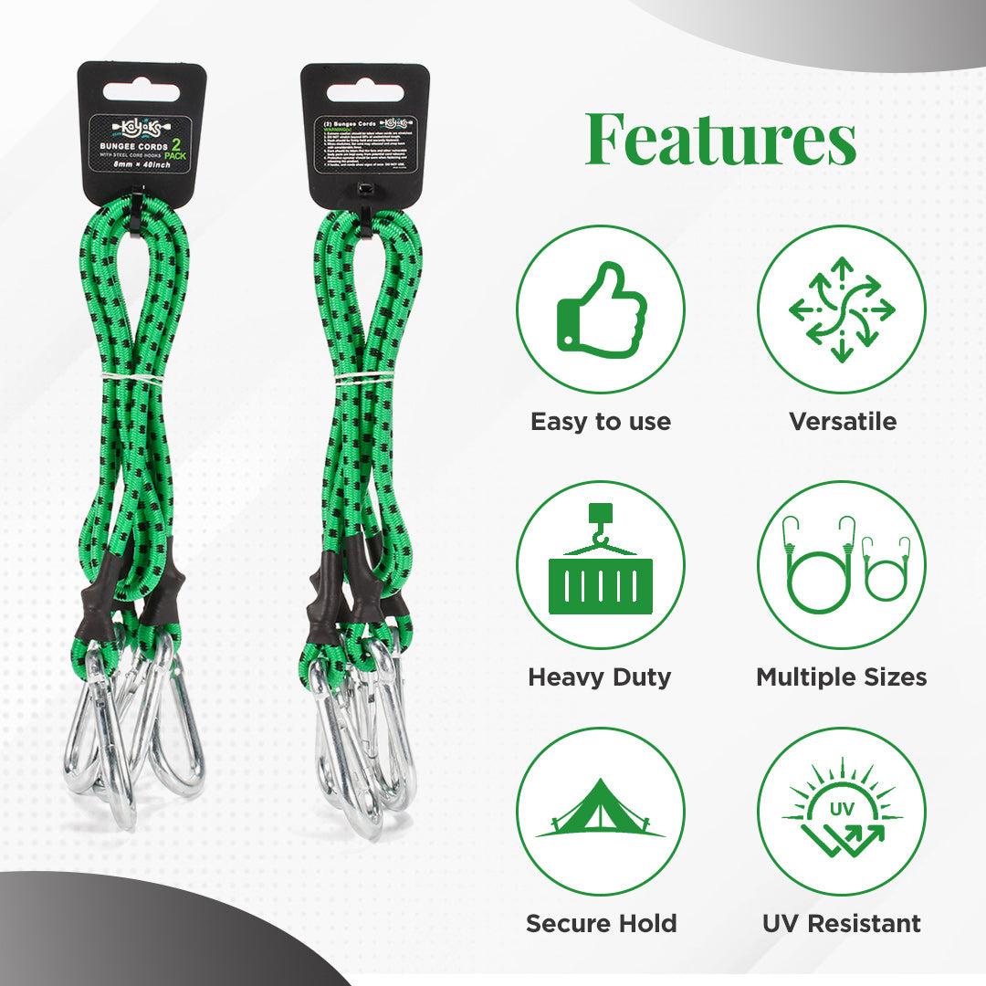 2-Pack Heavy-Duty Bungee Cords with Carabiner Hooks - 80cm (Green)