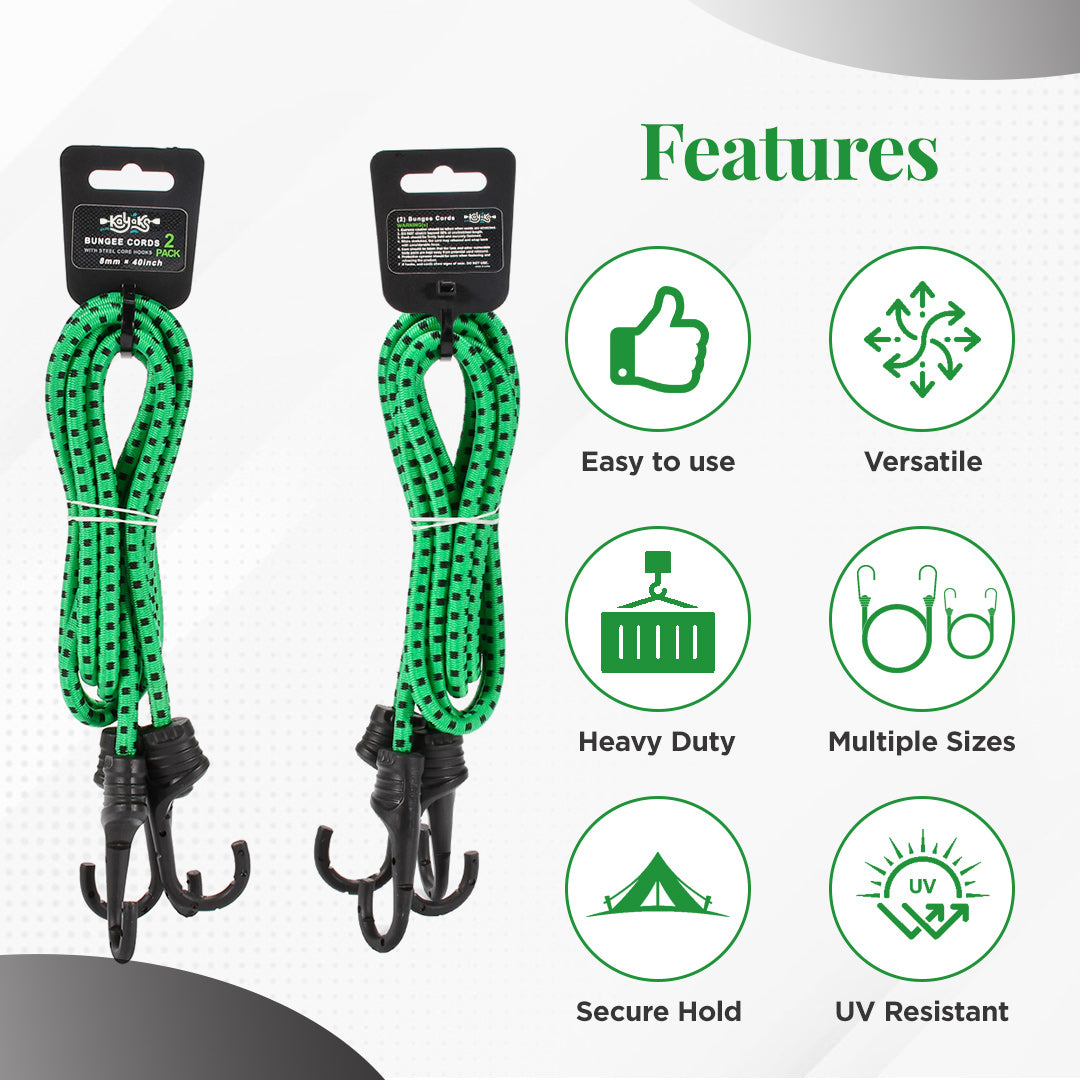 2-Pack Durable Bungee Cords with Plastic-Coated Hooks - 80cm (Green)