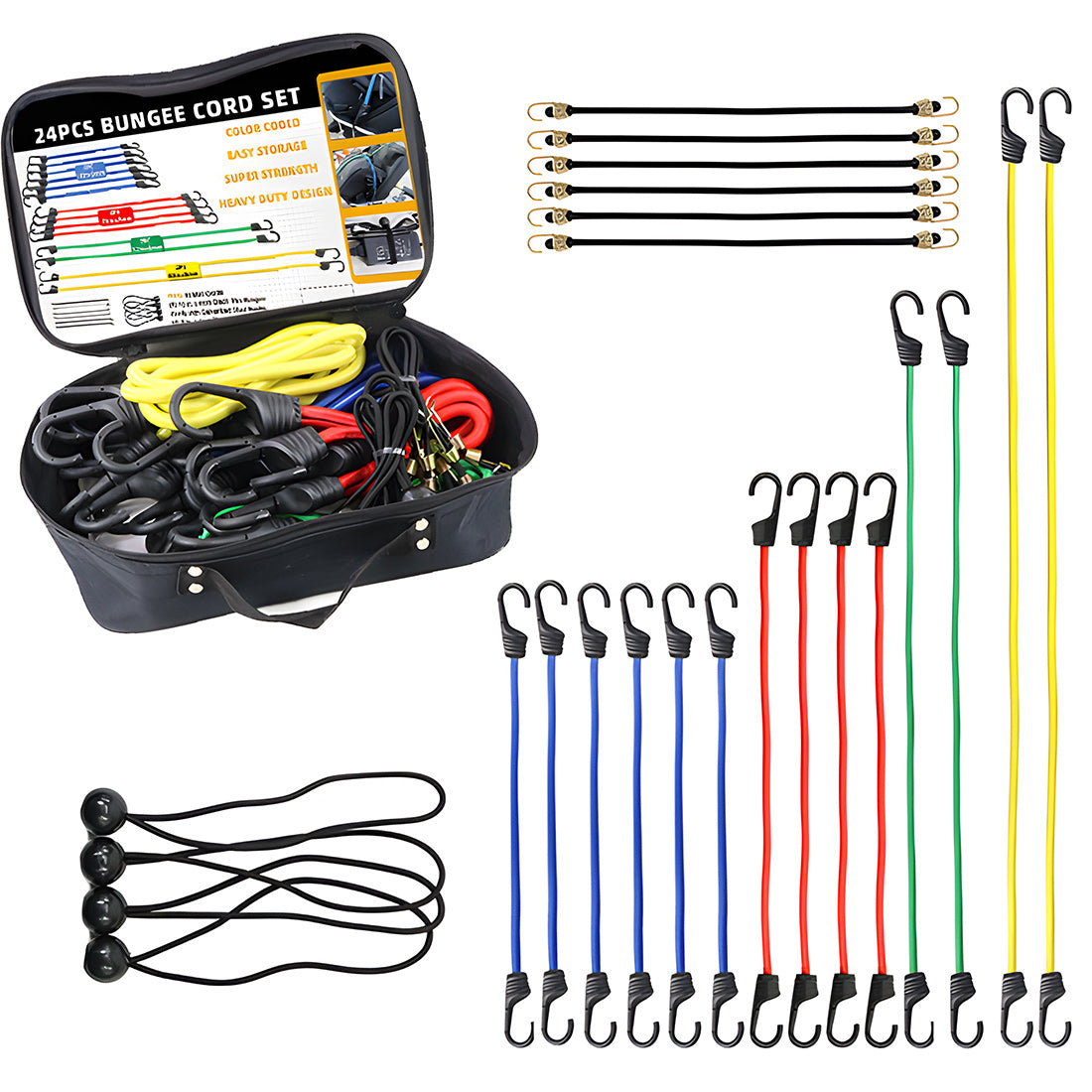 24-Piece Bungee Cord Kit - Versatile & Durable for Kayaking & More